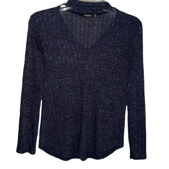 Boohoo Tops - Boohoo Women’s Charcoal Grey Knit Long Sleeve V Neck Top Ribbed With Neck Collar